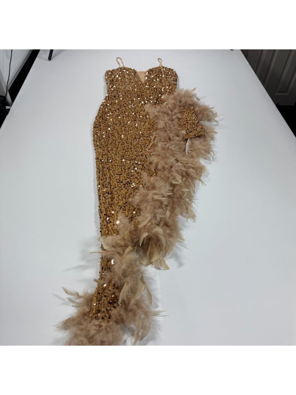 Dress Womens XL Brown Polyester Bodycon Natural Feather Sequin Side-Slit Stretch